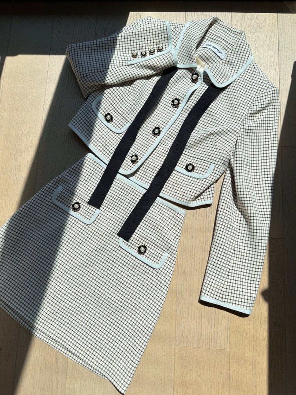 Self-Portrait | Monochrome Bow Check Cropped Jacket & Skirt Set